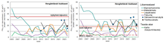 Hengitettävien hiukkasten pitoisuudet eri vuosina eri ilmanlaadun mittausasemilla.