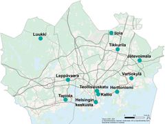 Karttakuva HSY:n ilmanlaadun mittausasemien paikoista.