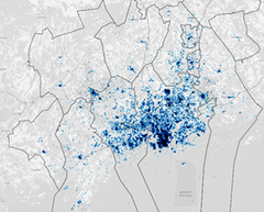 Kuvassa on kartta, jossa on sinisellä värillä merkittyjä kohtia. Siniset kohdat esittävät paikkoja, joihin kyselyyn vastanneet haluaisivat päästä kulkemaan paremmin joukkoliikenteellä.