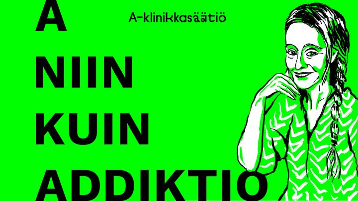 A niin kuin addiktio -podcastsarjan tunnus, jossa sarjan nimi vihreällä pohjalla sekä piirroskuva juontaja Asta Lepästä