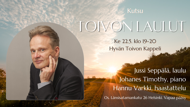 Jussi Seppälä pitää maksuttoman konsertin Helsingin Jätkäsaaren Hyvän Toivon Kappelissa ke 22.5. klo 19. Konsertin aiheena on toivo.