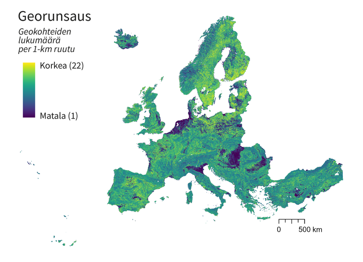 Esimerkissä geodiversiteetin kartoittaminen georunsautena 1-km ruuduissa Euroopassa. Georunsaus koostuu yksittäisten geologisten (kallioperä+maaperä), geomorfologisten ja vesistöihin liittyvien kohteiden määrästä ruudulla. Kuva Maija Toivasen johtamasta tutkimuksesta.