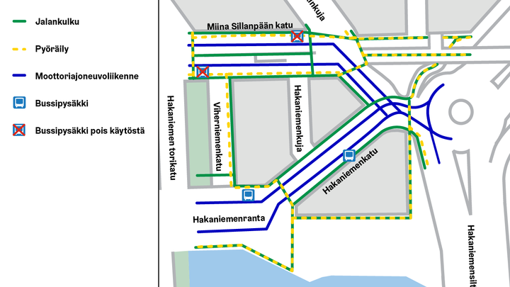 Hakaniemenkatu avataan läpikulkuliikenteelle 14.12. Bussipysäkit siirtyvät Miina Sillanpään kadulta Hakaniemenkadulle ja Hakaniemenrantaan.