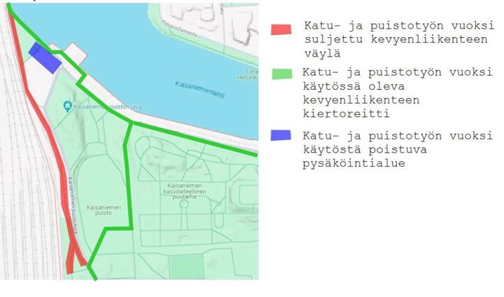 Kartta liikennejärjestelyistä Kaisaniemenpuistossa.