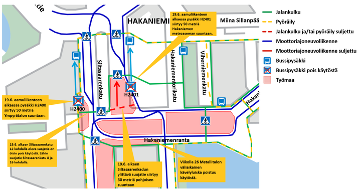 Hakaniemen liikennejärjestelymuutokset astuvat voimaan 19.6.