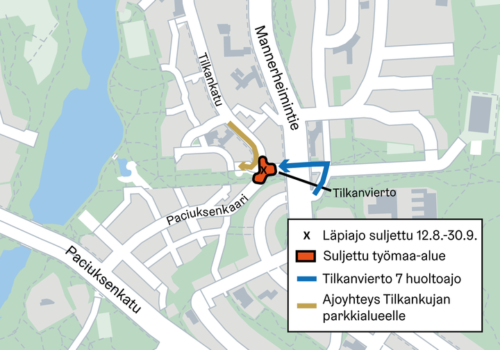 Paciuksenkaaren läpiajo sulkeutuu 12. elokuuta rakentamistöiden takia. Kartta sulkeutuvasta kohdasta.