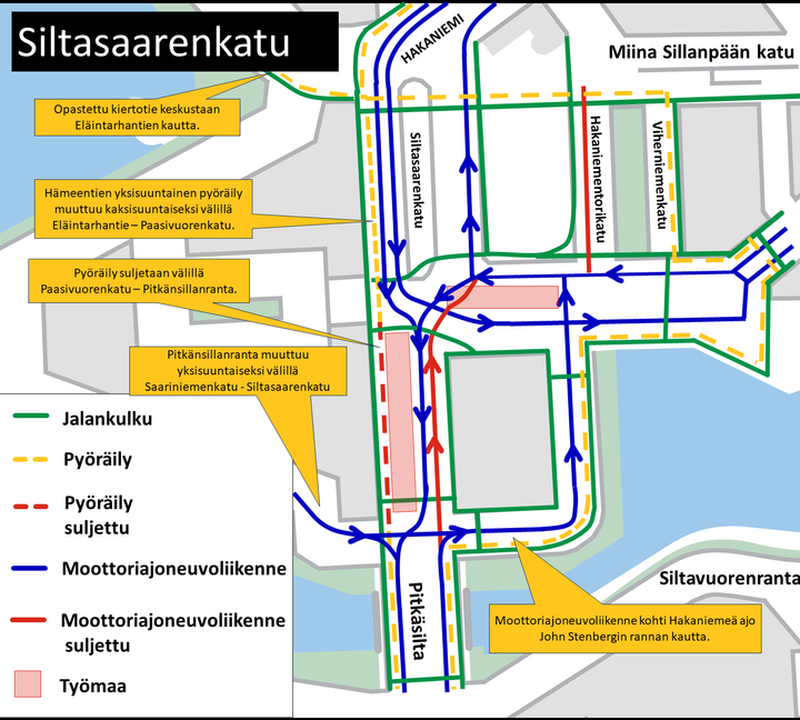 Siltasaarenkadun pohjoisen suuntaan kulkeva moottoriajoneuvoliikenne palaa John Stenbergin rantaan 16.8. alkaen.