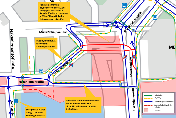 Syys-lokakuun vaihteessa väliaikainen liittymä Hakaniemen suunnasta Sörnäisten rantatielle poistuu käytöstä, ja lopputilanteen mukaiset liittymät otetaan käyttöön.