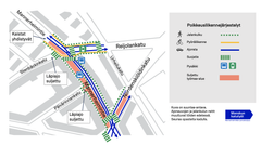 Kartta risteyksen liikennejärjestelyistä. Ajoyhteys Stenbäckinkadulle pois käytöstä töiden ajan.