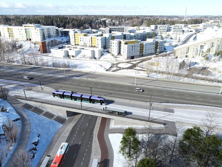 Havainnekuva raitiovaunusta talvisessa maisemassa.