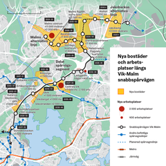 Karta av nya bostäder och arbetsplatser längs Vik-Malm snabbspårvägen.