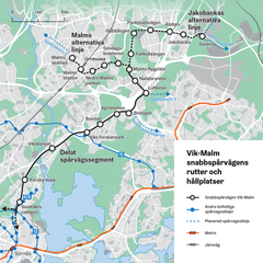 Karta av Vik-Malm snabbspårvägens rutter och hållplatser.