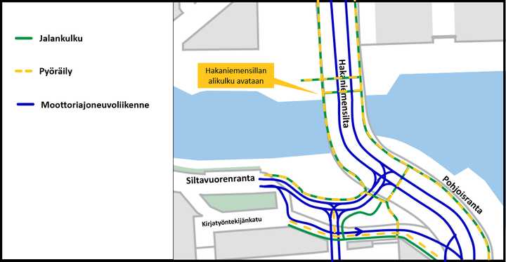 Hakaniemensillan läntinen jalankulku- ja pyöräilyväylä sekä Hakaniemenrannan puoleinen alikulku avataan liikenteelle 18.12.2024.