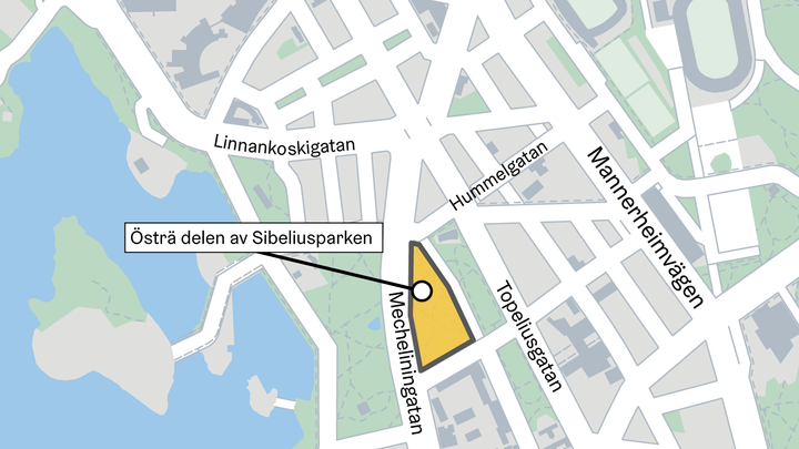 Alt text: Karta över byggområdet med marking på östra delen av Sibeliusparken.