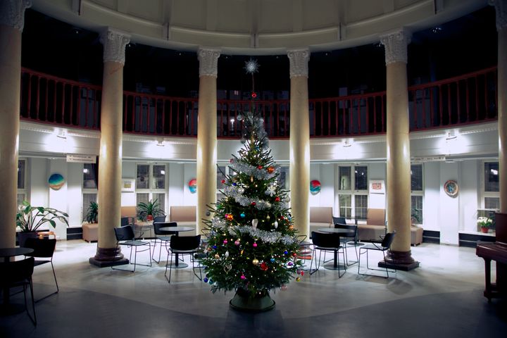 Julgran i Berghälls bibliotek.