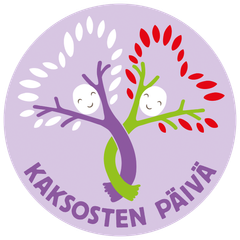 Logo, jossa kaksi iloista, yhteen kietoutunutta puuta. Teksti: "Kaksosten päivä".