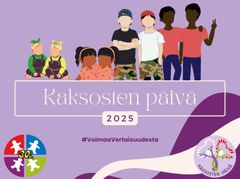 Kuva, jossa on erilaisia piirroshahmoja lapsista, kaksospareista ja teksti: "Kaksosten päivä 2025" sekä "#VoimaaVertaisuudesta".