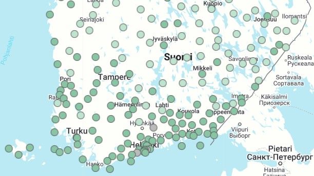 Kartta etelä-Suomesta. Karttaan on merkitty paikat, joissa ympäristön säteilyä mitataan.