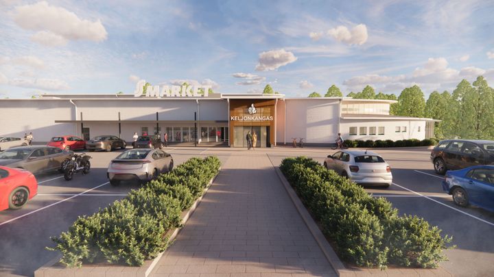 Auringonpaisteessa ABC Keljonkankaan uudistettu ravintola ja uusi S-market, jossa on pysäköityjä autoja edessä.
