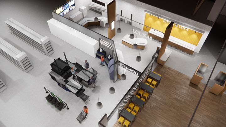 3D-havainnekuva Pulkkilan liikekeskuksen uudistuksesta, jossa näkyy uusi sisätila ja asiakkaita.