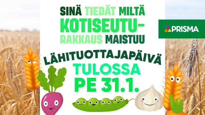 Värikäs Prisma-mainos, jossa on viljapelto taustalla ja hymyileviä vihanneskuvia. Teksti mainitsee lähituottajapäivän olevan tulossa.