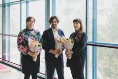 Recipients of the 2025 Fine Arts Academy of Finland Foundation Prize: Bita Razavi, Axel Straschnoy, Johanna Lonka and Kaija Hinkula (not pictured) © Paula Virta / EMMA – Espoo Museum of Modern Art