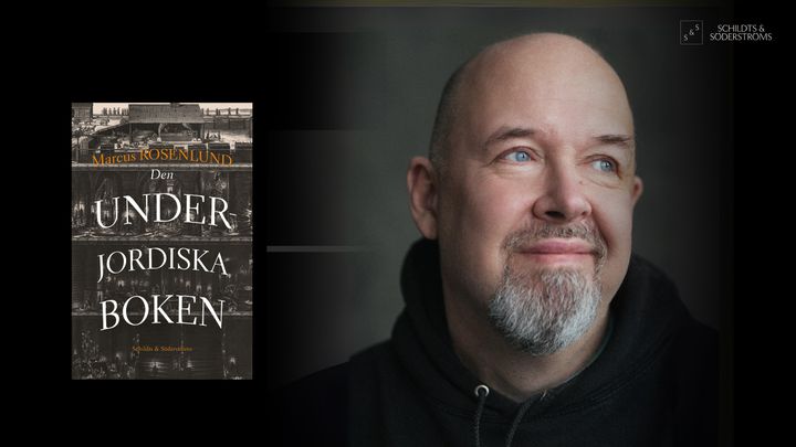 Författaren Marcus Rosenlund och pärmen till hans nya bok Den underjordiska boken