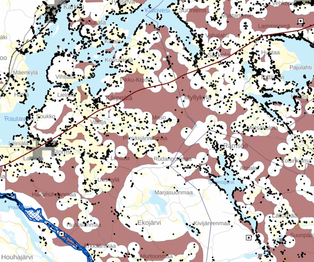 Ote analyysin tuloksesta valtatien 12 ympäristössä Sastamalassa ja Nokialla.
