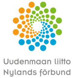 Logo, jossa on värikkäistä ympyröistä muodostuva spiraalikuvio ja teksti "Uudenmaan liitto" sekä "Nylands förbund".