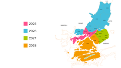 Etäluettavien sähkömittareiden vuosiaikataulu postinumeroilla. Kuva on suuntaa antava. Käyttöpaikkakohtaisen tiedon saat  https://www.turkuenergia.fi/sahkoverkot/amr20 .