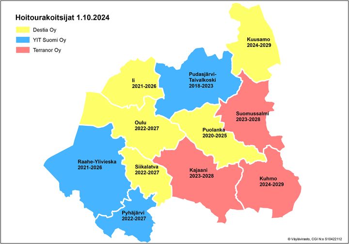 Pohjois-Pohjanmaan ja Kainuun alueen maakuntiin on merkitty hoitourakoitsijoiden alueet.