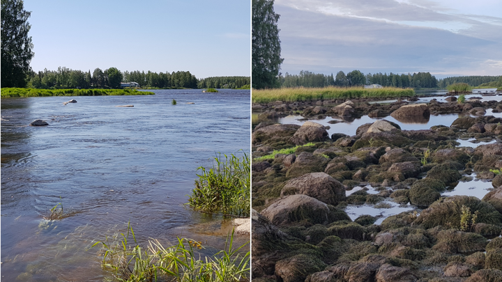 Kaksi kuvaa samasta koskesta vierekkäin. Vasemmalla virtaava joki ja oikealla kivinen koski.