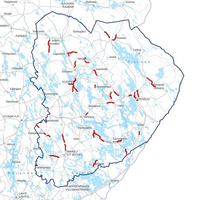 Kartta Itä-Suomen päällystyskohteet vuonna 2025.