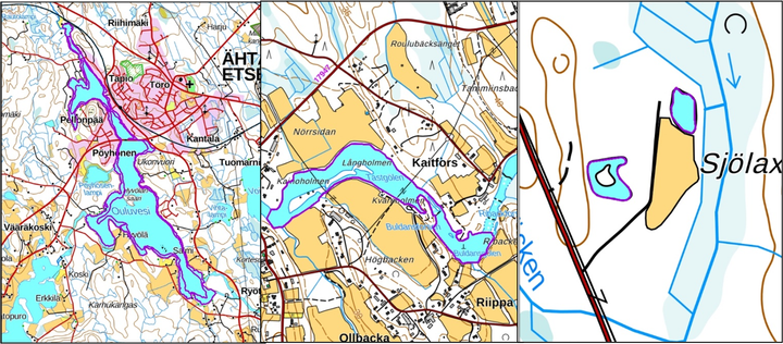 Inventointialueet. Vasemmalta oikealle: Ouluvesi (Ähtäri), Tastgölen (Kruunupyy) ja lammet Vexalan kylässä (Uusikaarlepyy)