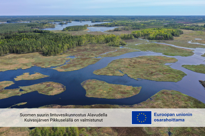 Pikkuselkä i maj 2024. På bilden syns det färdigt muddrade området med de mosaikartade öppna vattenspeglarna. I nedre kanten av bilden finns EU-flaggan och texten Medfinansieras av Europeiska unionen.