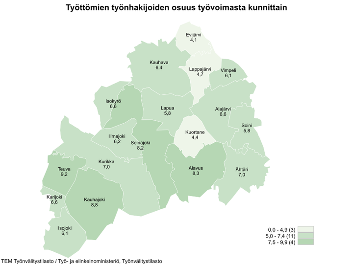 Etelä-Pohjanmaan kartta, josta ilmenee työttömien työnhakijoiden osuudet kunnittain. Työttömien työnhakijoiden osuudet kunnittain olivat Evijärvi 4,1 %, Kauhava 6,4 %, Lappajärvi 4,7 %, Vimpeli 6,1 %, Isokyrö 6,6 %, Lapua 5,8 %, Alajärvi 6,6 %, Ilmajoki 6,2 %, Seinäjoki 8,2 %, Kuortane 4,4 %, Soini 5,8 %, Teuva 9,2 %, Kurikka 7,0 %, Alavus 8,3 %, Karijoki 6,6 %, Ähtäri 7,0 %, Kauhajoki 8,8 % ja Isojoki 6,1.