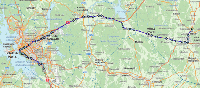 Alt text: Karta som visar kollektivtrafikrutten mellan Vörå och Vasa från augusti 2024.