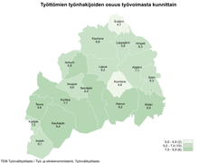 Etelä-Pohjanmaan kartta, josta ilmenee työttömien työnhakijoiden osuudet kunnittain. Työttömien työnhakijoiden osuudet kunnittain olivat Evijärvi 4,7 %, Kauhava 6,8 %, Lappajärvi 5,8 %, Vimpeli 6,3 %, Isokyrö 6,8 %, Lapua 6,2 %, Alajärvi 7,1 %, Ilmajoki 6,6 %, Seinäjoki 8,4 %, Kuortane 4,8 %, Soini 6,3 %, Teuva 9,6 %, Kurikka 7,7 %, Alavus 8,4 %, Karijoki 7,2 %, Ähtäri 8,9 %, Kauhajoki 9,4 % ja Isojoki 6,1.