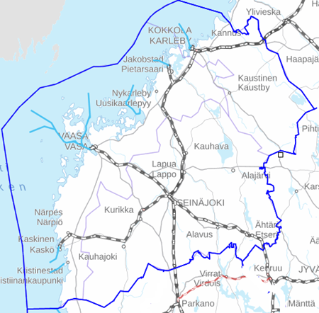 På kartan syns området som administreras av NTM-centralen i Södra Österbotten.