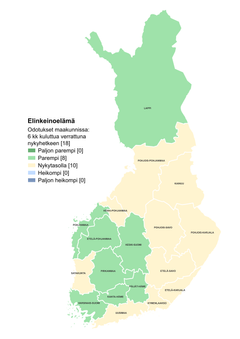 Suomen kartta, jossa eritelty maakunnat. Elinkeinoelämän odotukset puolen vuoden päähän ovat: parempi tilanne Lapissa, Pohjanmaalla, Etelä-Pohjanmaalla, Keski-Suomessa, Pirkanmaalla, Varsinais-Suomessa, Kanta-Hämeessä ja Päijät-Hämeessä. Odotukset nykytasolla Pohjois-Pohjanmaalla, Keski-Pohjanmaalla, Kainuussa, Pohjois-Savossa, Pohjois-Karjalassa, Etelä-Savossa, Etelä-Karjalassa, Kymenlaaksossa, Uudellamaalla ja Satakunnassa.