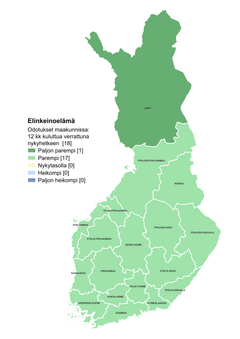 Suomen kartta, jossa eritelty maakunnat. Kaikissa maakunnissa odote nykytilannetta parempi. Lapissa odotuksissa tilanne 12 kuukauden päästä paljon parempi kuin tällä hetkellä.