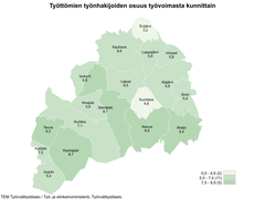 Etelä-Pohjanmaan kartta, josta ilmenee työttömien työnhakijoiden osuudet kunnittain. Työttömien työnhakijoiden osuudet kunnittain olivat Evijärvi 3,2 %, Kauhava 6,6 %, Lappajärvi 5,8 %, Vimpeli 5,8 %, Isokyrö 6,6 %, Lapua 6,5 %, Alajärvi 5,6 %, Ilmajoki 5,9 %, Seinäjoki 8,1 %, Kuortane 4,6 %, Soini 5,4 %, Teuva 9,3 %, Kurikka 7,1 %, Alavus 8,5 %, Karijoki 7,2 %, Ähtäri 9,4 %, Kauhajoki 8,7 % ja Isojoki 5,4.