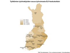 Suomen kartta, jossa esitetään työttömien työnhakijoiden osuus työvoimasta ELY-keskusalueittain. Väriskaala osoittaa osuudet vaihdellen 0-15 %.