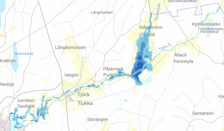 Karttakuva. Teuvanjoen tulvakartoitettu alue.