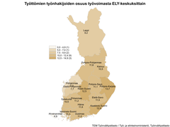 Työttömien työnhakijoiden osuus työvoimasta ELY-keskuksittain. Lappi 9,2 %, Pohjois-Pohjanmaa 11,6 %, Kainuu 10,5 %, Pohjanmaa 7,0 %, Etelä-Pohjanmaa 7,7 %, Keski-Suomi 12,5 %, Pohjois-Savo 11,1 %, Pohjois-Karjala 13,7 %, Satakunta 10,5 %, Pirkanmaa 11,2 %, Etelä-Savo 11,5 %, Ahvenanmaa 4,9 %, Varsinais-Suomi 10,3 %, Uusimaa 11,0 % ja Kaakkois-Suomi 12,9 %.