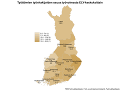 Työttömien työnhakijoiden osuus työvoimasta ELY-keskuksittain. Lappi 10,2 %, Pohjois-Pohjanmaa 12,8 %, Kainuu 12,2 %, Pohjanmaa 7,9 %, Etelä-Pohjanmaa 8,9 %, Keski-Suomi 14,5 %, Pohjois-Savo 12,5 %, Pohjois-Karjala 15,9 %, Satakunta 11,6 %, Pirkanmaa 12,1 %, Etelä-Savo 12,8 %, Ahvenanmaa 5,2 %, Varsinais-Suomi 11,5 %, Uusimaa 11,7 % ja Kaakkois-Suomi 14,6 %.