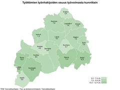 Etelä-Pohjanmaan kartta, josta ilmenee työttömien työnhakijoiden osuudet kunnittain. Työttömien työnhakijoiden osuudet kunnittain olivat Evijärvi 5,4 %, Kauhava 7,8 %, Lappajärvi 7,6 %, Vimpeli 7,6 %, Isokyrö 7,9 %, Lapua 8,3 %, Alajärvi 7,8 %, Ilmajoki 6,9 %, Seinäjoki 9,4 %, Kuortane 5,7 %, Soini 7,9 %, Teuva 12,2 %, Kurikka 8,6 %, Alavus 11,4 %, Karijoki 10,2 %, Ähtäri 10,3 %, Kauhajoki 10,6 % ja Isojoki 5,6 %.