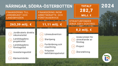 Informationsgrafik över näringsliv, Södra Österbotten 2024. Detaljerad fördelning av finansiering till jordbruk, arbetskraftsprojekt och EU-strukturfonder, totalt 282,7 miljoner euro.