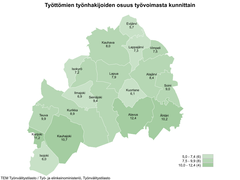 Etelä-Pohjanmaan kartta, josta ilmenee työttömien työnhakijoiden osuudet kunnittain. Työttömien työnhakijoiden osuudet kunnittain olivat Evijärvi 5,7 %, Kauhava 8,0 %, Lappajärvi 7,3 %, Vimpeli 7,5 %, Isokyrö 7,2 %, Lapua 7,9 %, Alajärvi 8,4 %, Ilmajoki 6,9 %, Seinäjoki 9,4 %, Kuortane 6,1 %, Soini 9,0 %, Teuva 9,9 %, Kurikka 8,9 %, Alavus 12,4 %, Karijoki 11,2 %, Ähtäri 10,2 %, Kauhajoki 10,7 % ja Isojoki 6,0 %.