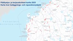 Karta som visar beläggnings- och reparationsobjekt i Finland 2025.